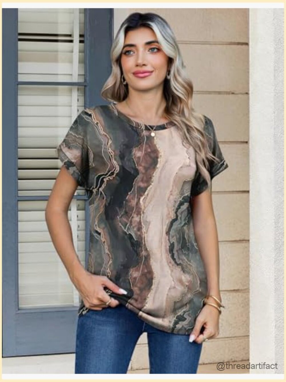 Short Sleeve Crew Neck Blouse Dressy Casual Summer Work T-Shirt - Picture 4 of 7